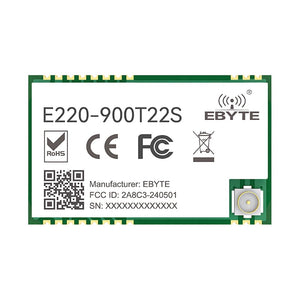 Lora Wireless Serial Port Module 868MHz 915MHz 22DBM Ebyte E220-900T22S 5km Transceiver Transmitter Receiver Long Range Small Size Low Power Consumption - a rectangular green circuit board with a white label, printed text, a QR code, and an antenna connector on the right.