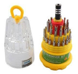 Low Quality Jackly 31 In 1 Screw Driver Set Screwdriver With Toolkit Low Quality - a yellow circular base holding multiple screwdriver bits and a handle, alongside its clear plastic cover.