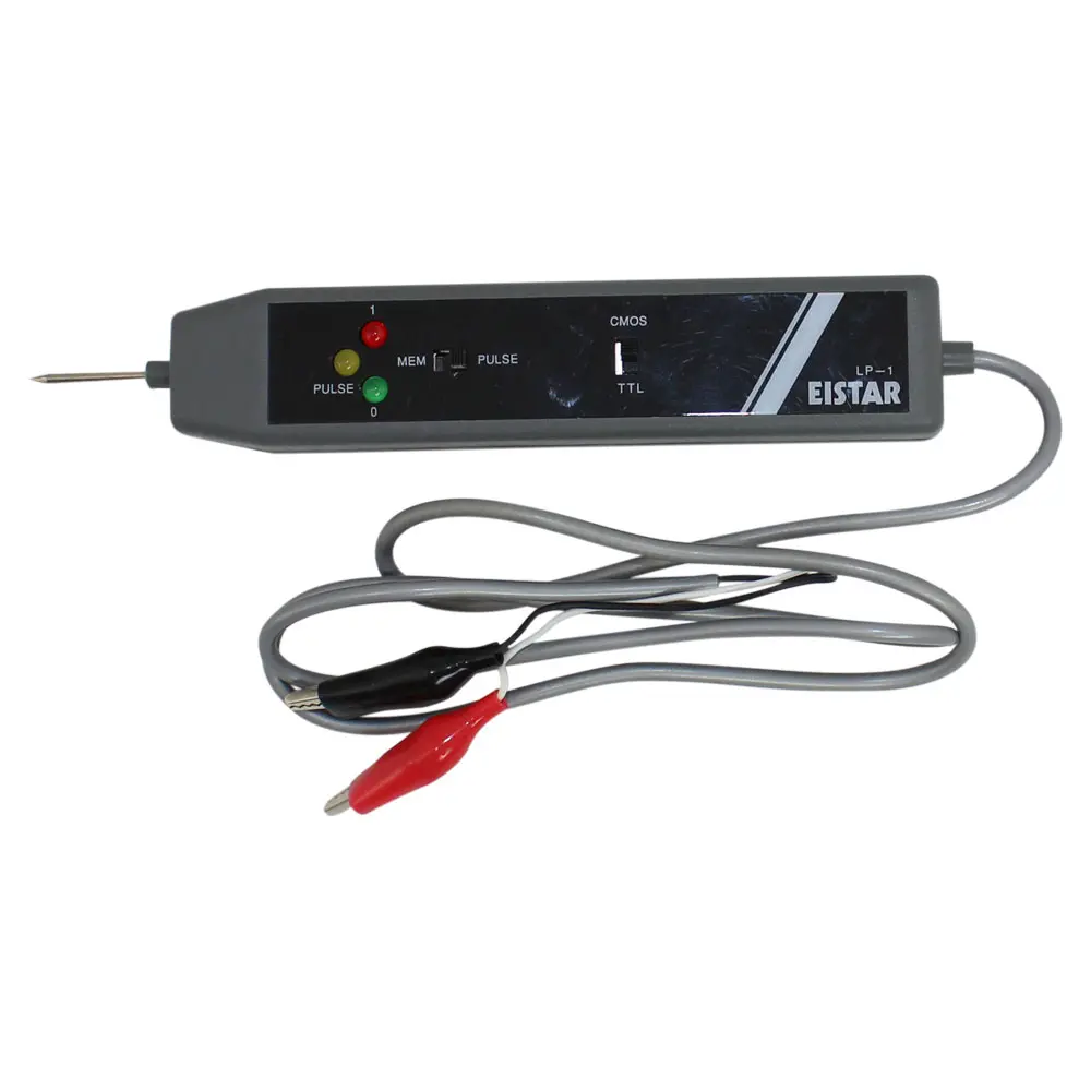 LP1 Logic Probe LP-1 - Best Price in Pakistan - a grey handheld digital tester with a metal probe tip, three indicator lights, two toggle switches, and two alligator clip leads.