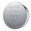 LR44 1.5V Alkaline Button Cell Battery Pack Of 10pcs - a close-up of a single silver-colored circular coin battery with text reading Maxell, LR44, 0%Hg, and China.