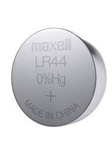 LR44 1.5V Alkaline Button Cell Battery Pack Of 10pcs - a close-up of a single silver-colored circular coin battery with text reading Maxell, LR44, 0%Hg, and China.