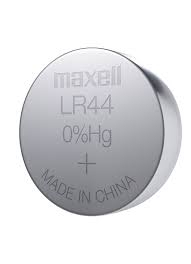 LR44 1.5V Alkaline Button Cell Battery Pack Of 10pcs - a close-up of a single silver-colored circular coin battery with text reading Maxell, LR44, 0%Hg, and China.