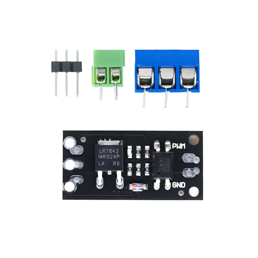 LR7843 Transistor MOSFET Control Relay Replacement Module Ssr Solid State Relay - shown with a black circuit board, a green two-pin terminal block, a blue three-pin terminal block, and a black header pin strip.