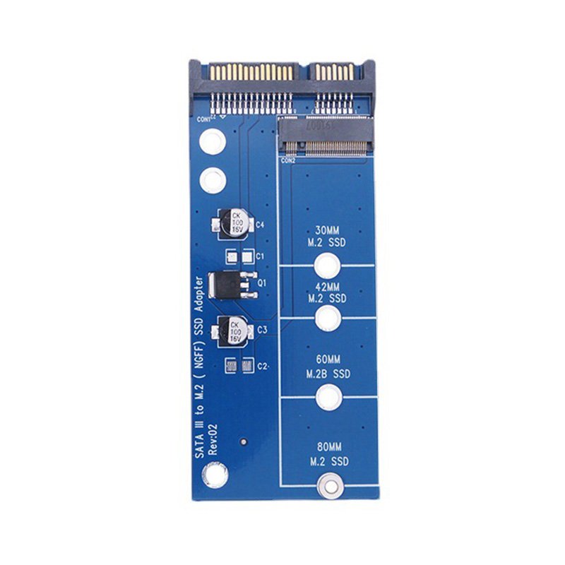 M.2 Ngff SSD To Sata 3.0 Adapter Card B-key / B+m Key – 6gbps Converter - a blue rectangular circuit board featuring a SATA connector at one end and an M.2 slot with multiple mounting holes.