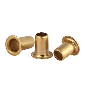 M2.5x4mm 4mm Head Size Brass Eyelets Hollow Rivet Nut - shown as three individual gold-colored, cylindrical metal rivets with flanged heads.
