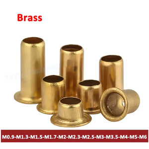 M2.5x4mm 4mm Head Size Brass Eyelets Hollow Rivet Nut - shown as a collection of various sized hollow gold-colored brass rivets standing upright.