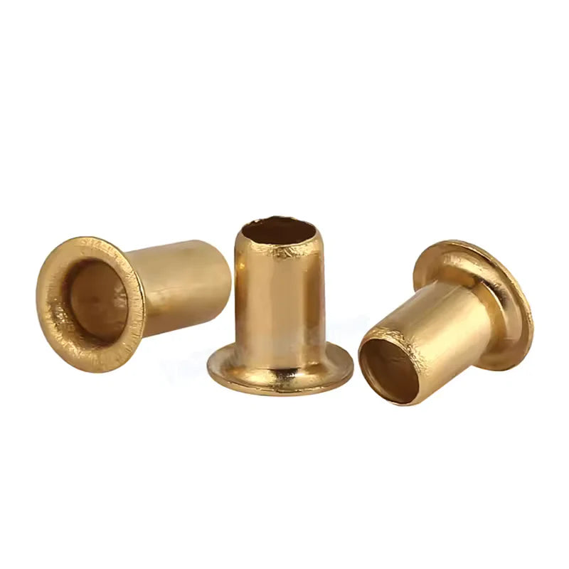 M2.5x5mm 4mm Head Size Brass Eyelets Hollow Rivet Nut - shown as three individual gold-colored, cylindrical metal rivets with flanged heads.