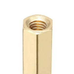 M3 Thread 16+4mm Male To Female Brass Hex PCB Standoff Spacer Pillar - shown in a close-up view of the threaded female end of the gold-colored metal spacer.