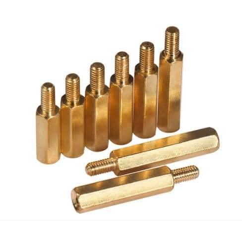 M3 Thread 16+4mm Male To Female Brass Hex PCB Standoff Spacer Pillar - shown as a collection of gold-colored hexagonal metal standoffs with threaded ends.
