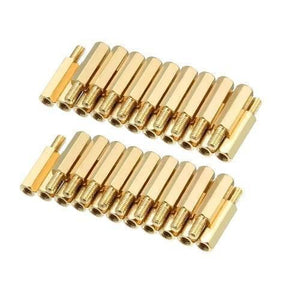 M3 Thread 16+4mm Male To Female Brass Hex PCB Standoff Spacer Pillar - two rows of gold-colored hexagonal metal standoffs with threaded ends.