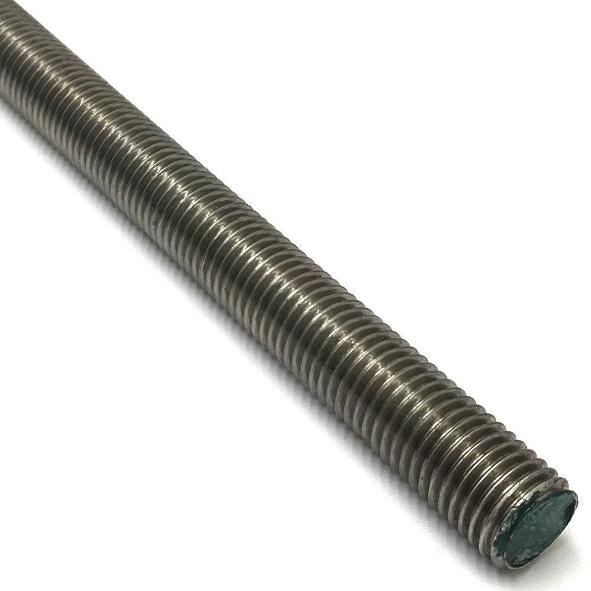 M3 x 1 Meter, Threaded Rod Stud, A2 Stainless Steel - close-up view of a long, silver-colored metal rod with continuous threading along its length.