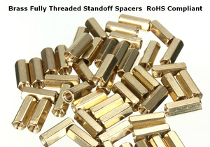 M3 X 10mm Long Female Threaded Brass Hexagonal Standoff PCB Spacers - shown as a pile of gold-colored, hexagonal, internally threaded metal cylinders.