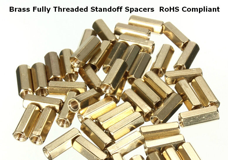 M3 X 10mm Long Female Threaded Brass Hexagonal Standoff PCB Spacers - shown as a pile of gold-colored, hexagonal, internally threaded metal cylinders.