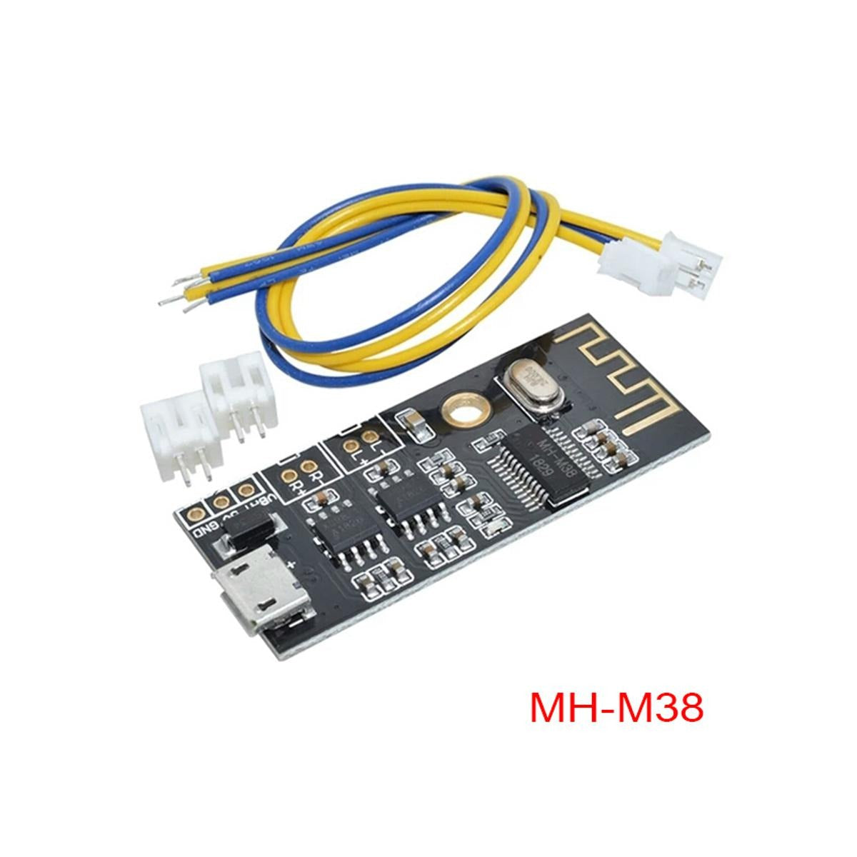M38 Bluetooth 4.2 Board MH-M38 Audio Receiver Module Wireless Speaker Sound System DIY MP3 - black circuit board with micro USB port, two white connectors, and two yellow and blue wire harnesses.