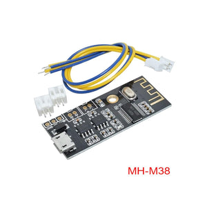 M38 Bluetooth 4.2 Board MH-M38 Audio Receiver Module Wireless Speaker Sound System DIY MP3 - black circuit board with micro USB port, two white connectors, and two yellow and blue wire harnesses.