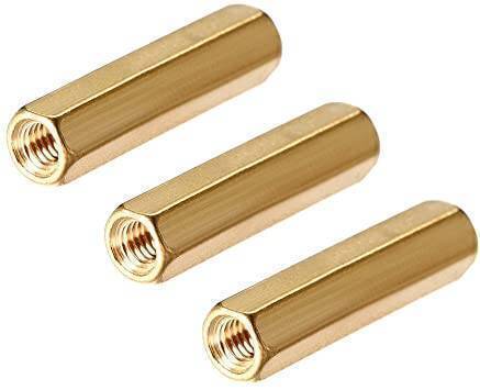 M3X20MM Female To Female Thread Brass Hex Standoff PCB Pillar Spacer - three identical gold-colored hexagonal metal spacers with threaded holes.