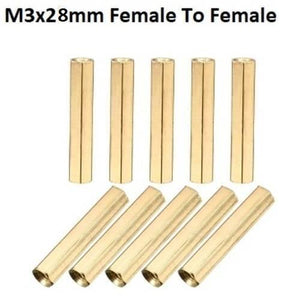 M3X28MM Female To Female Thread Brass Hex Standoff PCB Pillar Spacer - a collection of ten gold-colored hexagonal metal spacers arranged in two rows.