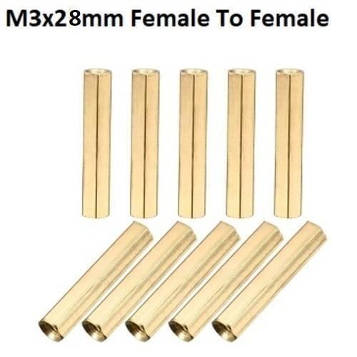 M3X28MM Female To Female Thread Brass Hex Standoff PCB Pillar Spacer - a collection of ten gold-colored hexagonal metal spacers arranged in two rows.