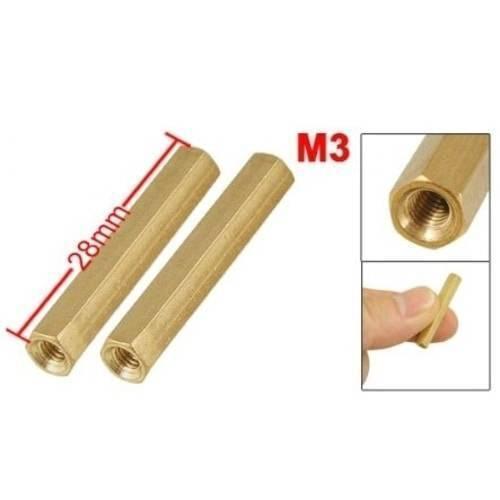 M3X28MM Female To Female Thread Brass Hex Standoff PCB Pillar Spacer - shown as two gold-colored hexagonal pillars with threaded ends and size labels.