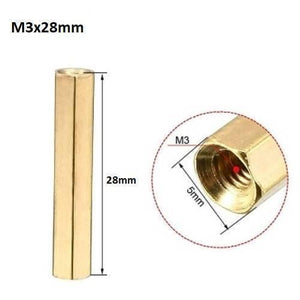 M3X28MM Female To Female Thread Brass Hex Standoff PCB Pillar Spacer - shown in a product view with a dimension diagram and a close-up of the threaded end.