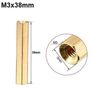 M3X38MM Female To Female Thread Brass Hex Standoff PCB Pillar Spacer - shown as a full product view alongside a close-up dimension diagram.