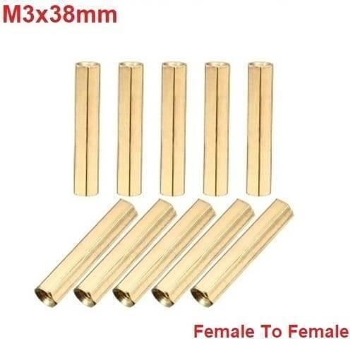 M3X38MM Female To Female Thread Brass Hex Standoff PCB Pillar Spacer - a set of ten gold-colored hexagonal metal spacers arranged in two rows.