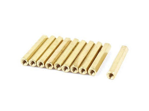 M3X55MM Female To Female Thread Brass Hex Standoff PCB Pillar Spacer - a collection of ten gold-colored hexagonal metal spacers arranged in a row.