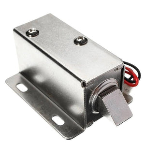 MA1206 54 x 42 x 28mm 12V DC Cabinet Drawer Electric Door Lock Assembly Solenoid Lock - a silver metal solenoid lock assembly with a protruding latch and red and black power wires.