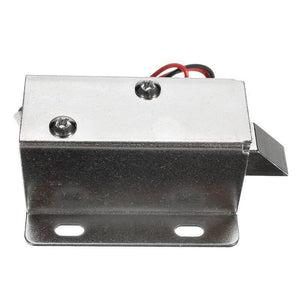 MA1206 54 x 42 x 28mm 12V DC Cabinet Drawer Electric Door Lock Assembly Solenoid Lock - a silver-colored rectangular solenoid lock assembly with a protruding latch and two red and black wires.