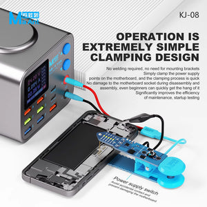 MAANT KJ-08 power clip connected to a phone motherboard and external bench power supply for repair testing