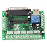 Mach3 Breakout Board 5 Axes CNC Breakout Board - a green circuit board with a DB25 port, a USB port, a blue relay, and multiple terminal blocks.