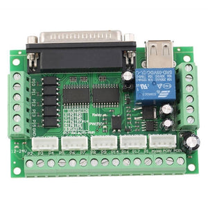Mach3 Breakout Board 5 Axes CNC Breakout Board - a green circuit board with a DB25 port, a USB port, a blue relay, and multiple terminal blocks.