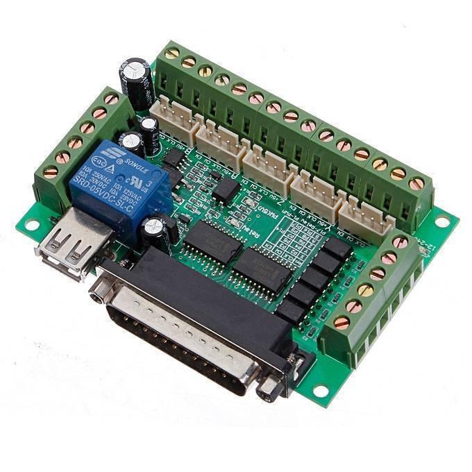Mach3 Breakout Board 5 Axes CNC Breakout Board - a green circuit board with a DB25 parallel port, a USB port, a blue relay, and screw terminals.