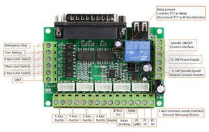 Mach3 Breakout Board 5 Axes CNC Breakout Board - a green circuit board with a DB25 port, a blue relay, screw terminals, and white connector ports.