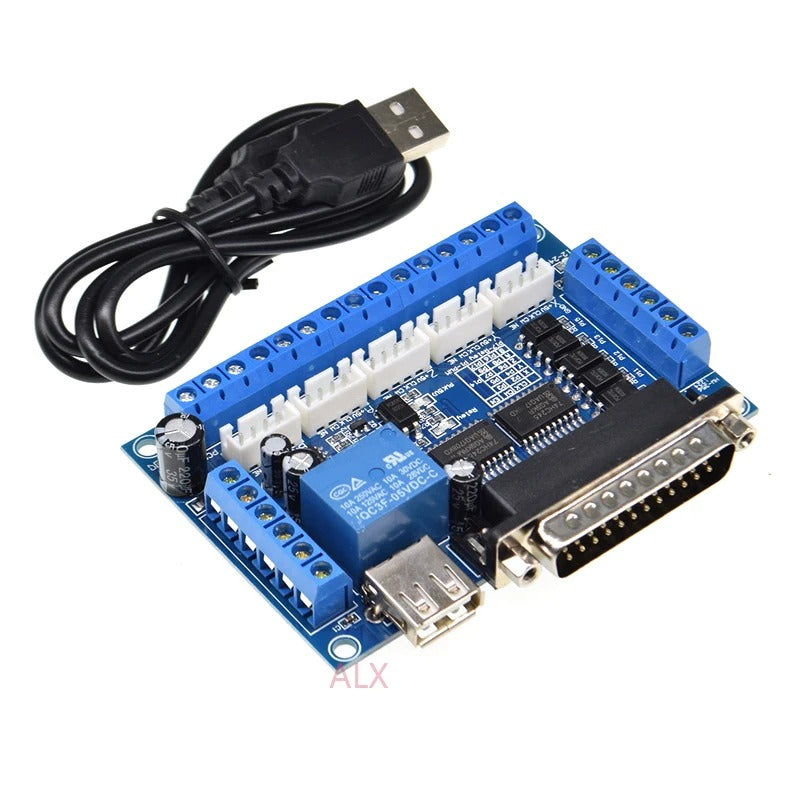 Mach3 Breakout Board 5 Axes CNC Breakout Board With Cable - blue circuit board, a DB25 parallel port, screw terminals, a relay, and a USB cable.