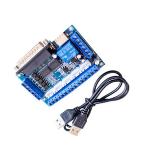 Mach3 Breakout Board 5 Axes CNC Breakout Board With Cable - blue circuit board, a DB25 parallel port, screw terminals, and an included USB cable.