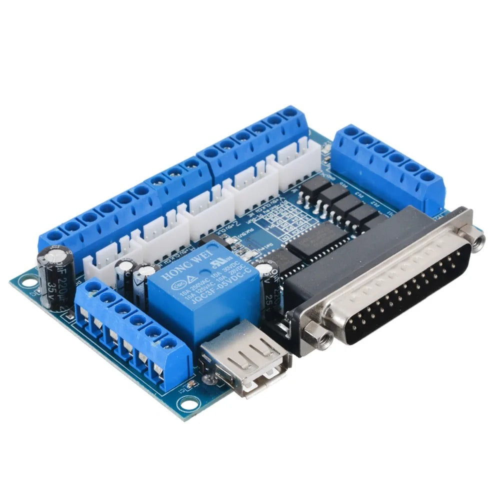 Mach3 Breakout Board 5 Axes CNC Breakout Board With Cable - a blue PCB with a DB25 connector, a USB port, a relay, screw terminals, and white headers.