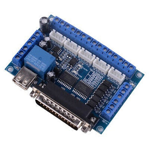 Mach3 Breakout Board 5 Axes CNC Breakout Board With Cable - a blue circuit board with a DB25 parallel port, a USB port, a relay, and multiple screw terminals.
