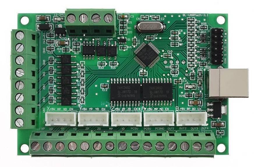 Mach3 USB CNC Interface Board BL-usbmach-V2.0 Mach3 CNC Board - a green rectangular circuit board featuring a USB port, multiple screw terminals, and white connector pins.