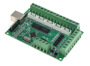 Mach3 USB CNC Interface Board BL-usbmach-V2.0 Mach3 CNC Board - a green circuit board featuring a USB port, multiple screw terminals, white connectors, and electronic chips.