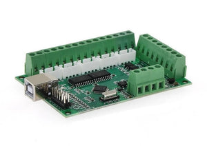 Mach3 USB CNC Interface Board BL-usbmach-V2.0 Mach3 CNC Board - a green circuit board featuring a USB port, multiple screw terminals, and white header connectors.