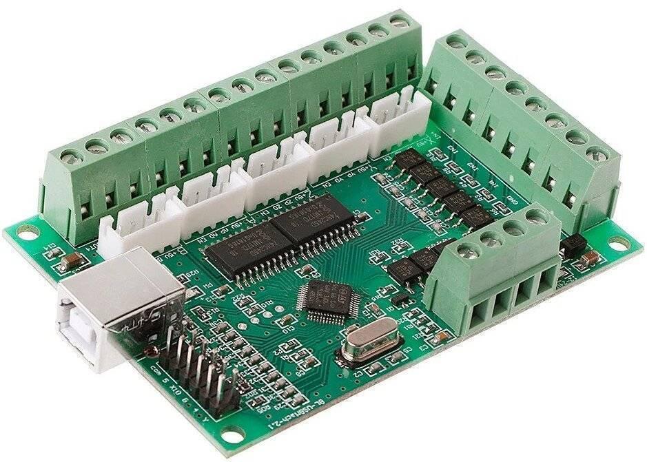 Mach3 USB CNC Interface Board BL-usbmach-V2.0 Mach3 CNC Board - a green circuit board featuring a USB port, multiple white pin headers, and green screw terminal blocks.