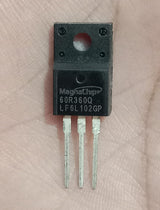MagnaChip 60R360Q 600V 0.36Ω N-Channel Power MOSFET (TO-220F) Used - a black, three-pin TO-220F power transistor held in a hand, showing the printed model number and specifications on its face.