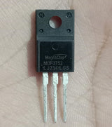 MagnaChip MDF3752 N-Channel Power MOSFET - a black, three-pin electronic component held against a hand, showing the printed model number and logo.