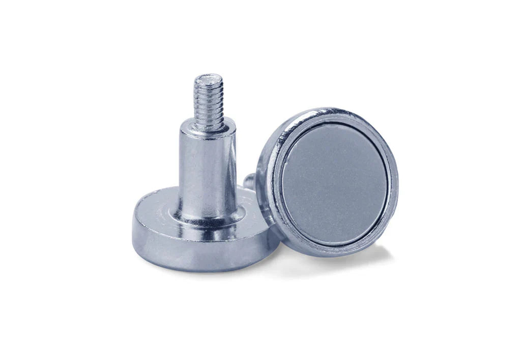 Magnet - two silver-colored cylindrical magnetic fasteners with threaded metal studs, shown in a close-up against a white background.