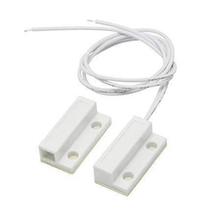 Magnetic Door Sensor Switch Magnetic Read Switch - two white rectangular plastic magnetic reed switch components connected by a white two-wire cable.