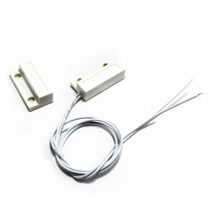 Magnetic Door Sensor Switch Magnetic Read Switch - two white plastic rectangular sensor units, one with an attached white two-wire cable coiled in the center.