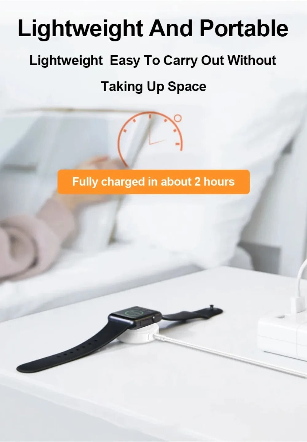 Magnetic Wireless Smartwatch Charging Cable - shown in white, charging a black smartwatch on a white surface with a white cable connected to a power strip.