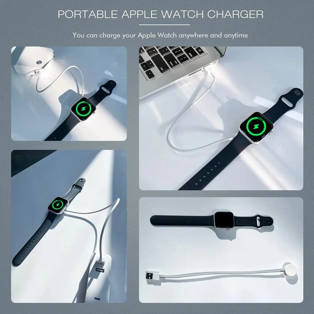 Magnetic Wireless Smartwatch Charging Cable - shown in a collage charging an Apple Watch via a laptop, wall adapter, and power bank, with a cable view.