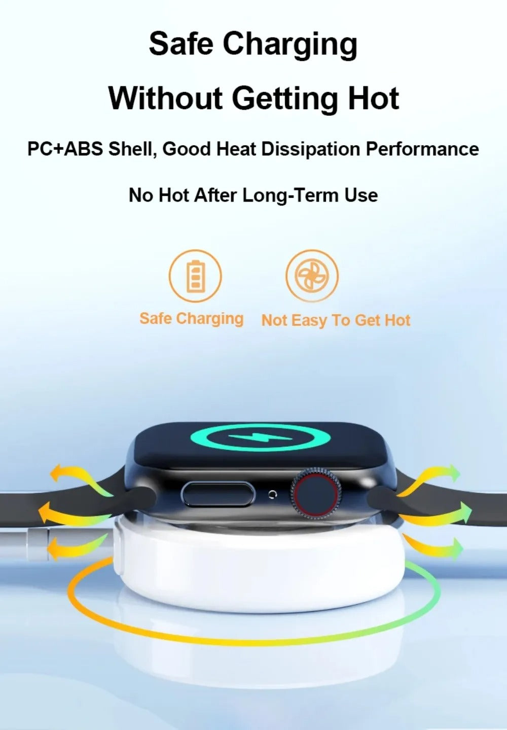 Magnetic Wireless Smartwatch Charging Cable - shown as a white circular magnetic charger connected to the back of a black smartwatch with a green icon.
